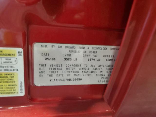 KL1TD5DE7AB133050 - 2010 CHEVROLET AVEO LT LS 红色 照片 12