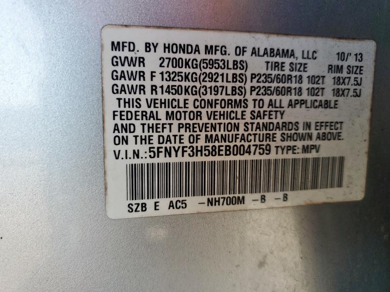 5FNYF3H58EB004759 - 2014 HONDA PILOT EXL SILVER photo 13