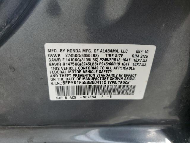 5FPYK1F55BB004112 - 2011 HONDA RIDGELINE RTL GRAY photo 12