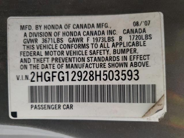 2HGFG12928H503593 - 2008 HONDA CIVIC EXL GRAY photo 12