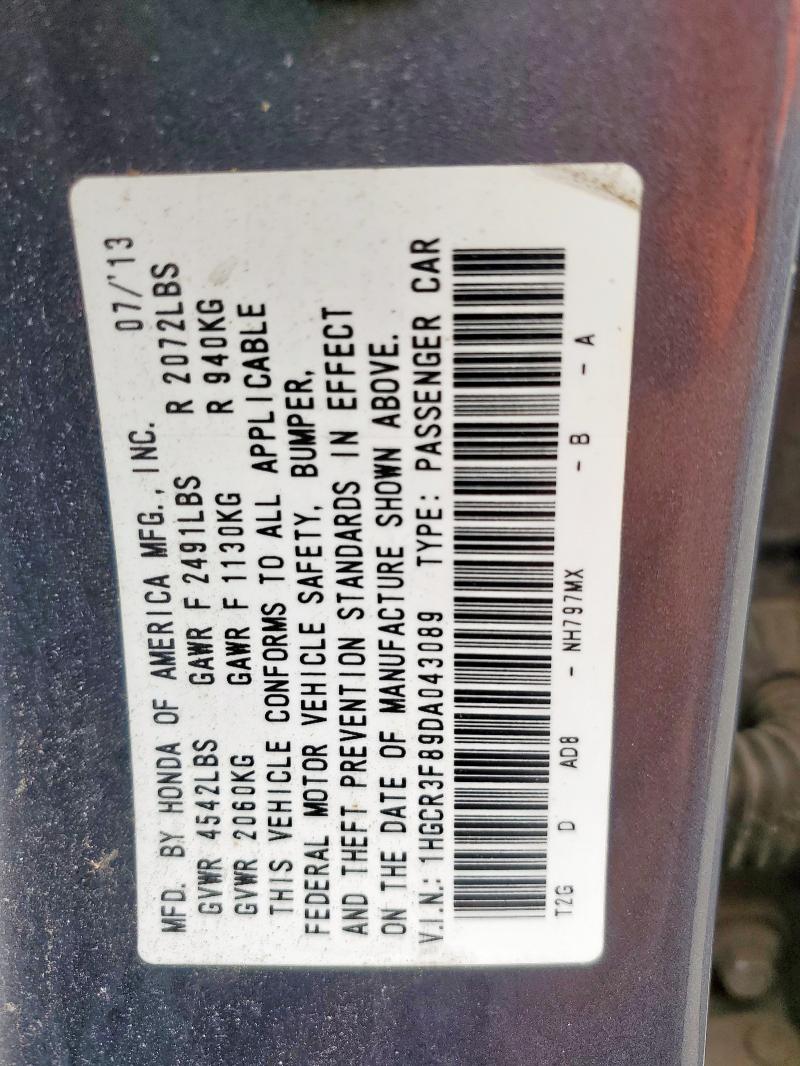 1HGCR3F89DA043089 - 2013 HONDA ACCORD EXL GRAY photo 12