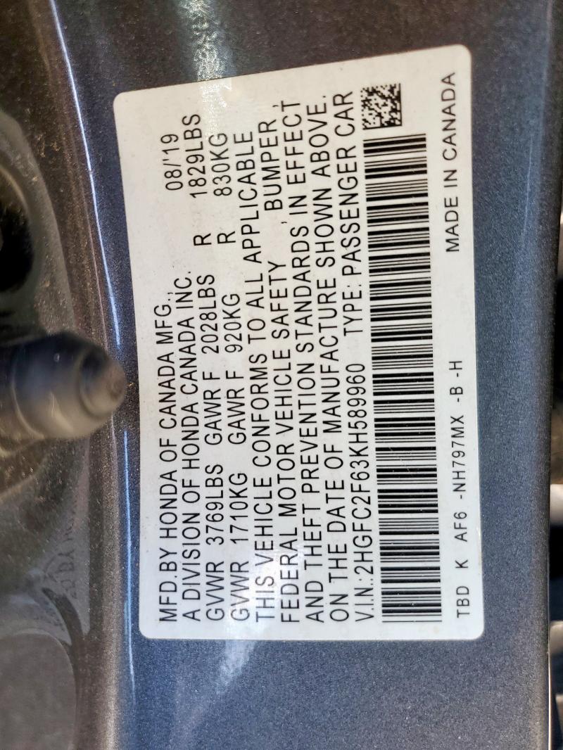 2HGFC2F63KH589960 - 2019 HONDA CIVIC LX Boz foto 12