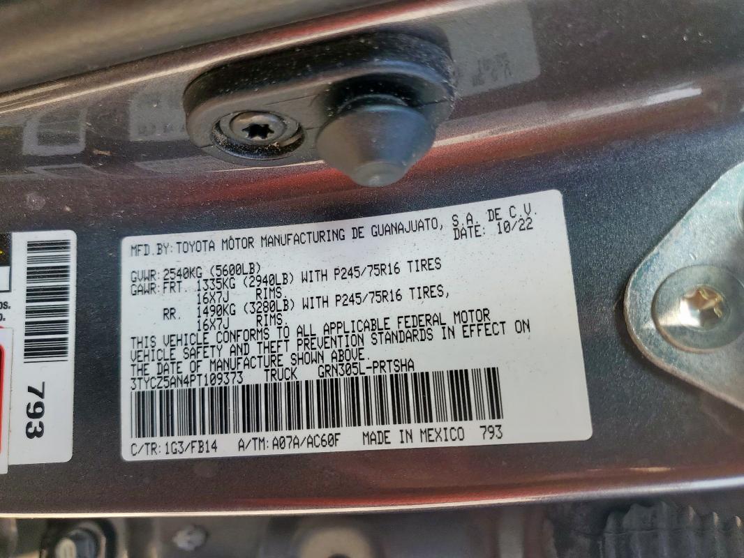 3TYCZ5AN4PT109373 - 2023 TOYOTA TACOMA DOUBLE CAB CHARCOAL photo 12