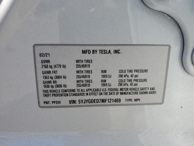 5YJYGDED7MF121469 - 2021 TESLA MODEL Y Ақ фото 12