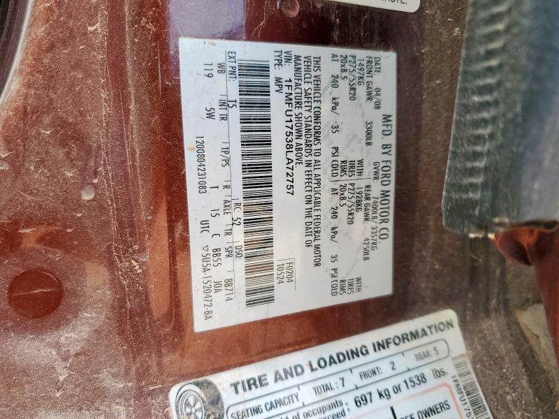 1FMFU17538LA72757 - 2008 FORD EXPEDITION EDDIE BAUER 勃艮第红 照片 14