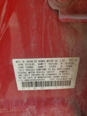 JHMGE8H40AC040695 - 2010 HONDA FIT SPORT RED photo 12