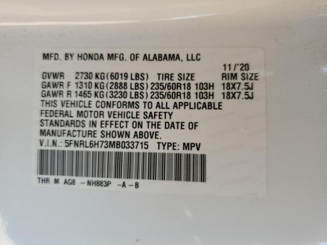 5FNRL6H73MB033715 - 2021 HONDA ODYSSEY EXL WHITE photo 13
