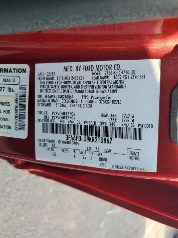 3FA6P0LU9KR210867 - 2019 FORD FUSION SE RED photo 12