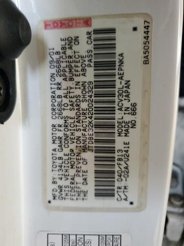 JTDBE32K420024329 - 2002 TOYOTA CAMRY LE WHITE photo 12