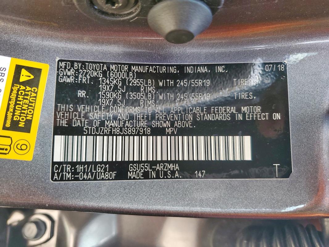 5TDJZRFH8JS897918 - 2018 TOYOTA HIGHLANDER SE 灰色 照片 13