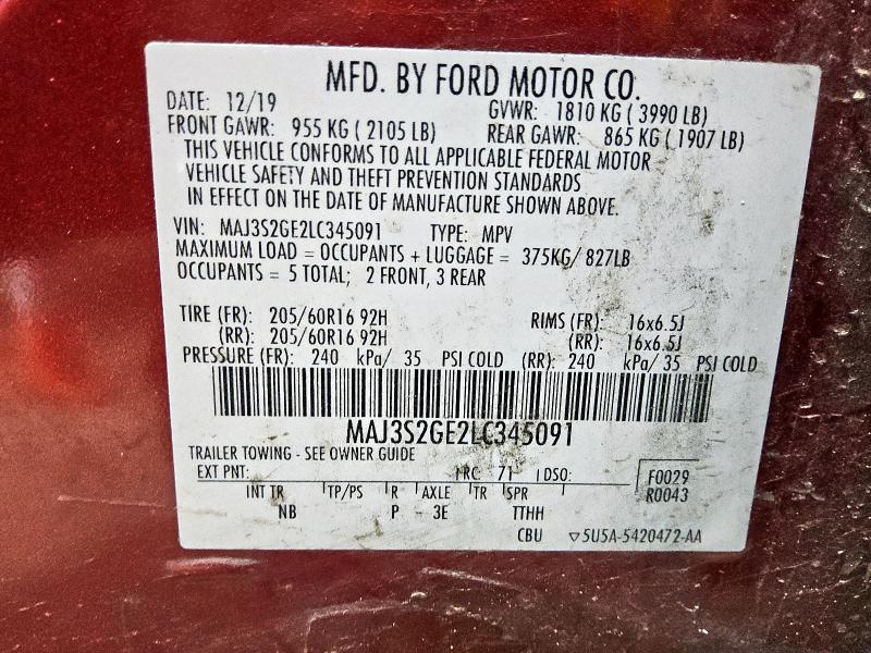 MAJ3S2GE2LC345091 - 2020 FORD ECOSPORT SE كستنائي صورة 13