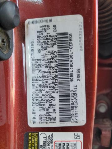 4T1BE32K94U299962 - 2004 TOYOTA CAMRY LE BURGUNDY photo 12