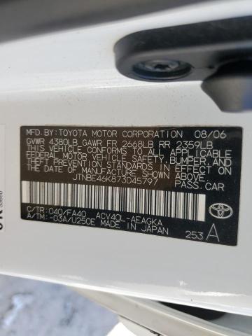 JTNBE46K873045797 - 2007 TOYOTA CAMRY CE WHITE photo 12