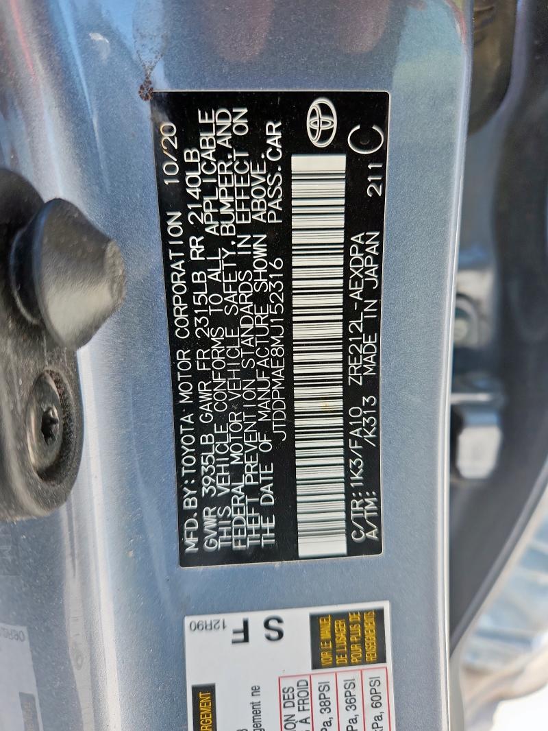 JTDDPMAE8MJ152316 - 2021 TOYOTA COROLLA L BLUE photo 12