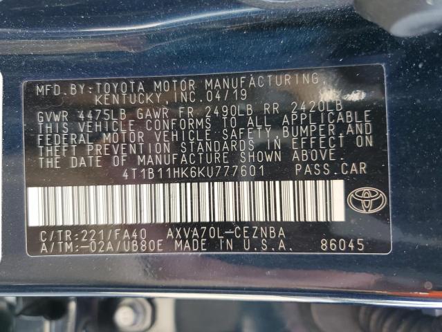 4T1B11HK6KU777601 - 2019 TOYOTA CAMRY L BLUE photo 12