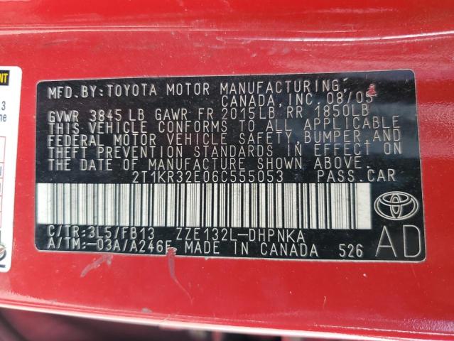 2T1KR32E06C555053 - 2006 TOYOTA COROLLA MA XR RED photo 12