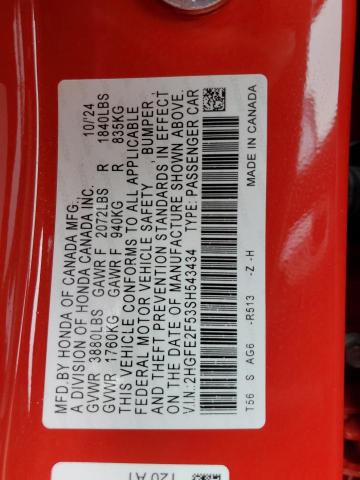 2HGFE2F53SH543434 - 2025 HONDA CIVIC SPORT წითელი ფოტო 12