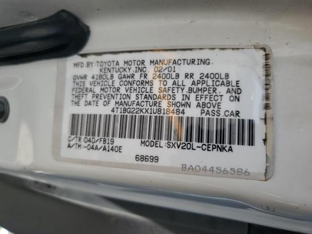 4T1BG22KX1U818484 - 2001 TOYOTA CAMRY CE თეთრი ფოტო 12