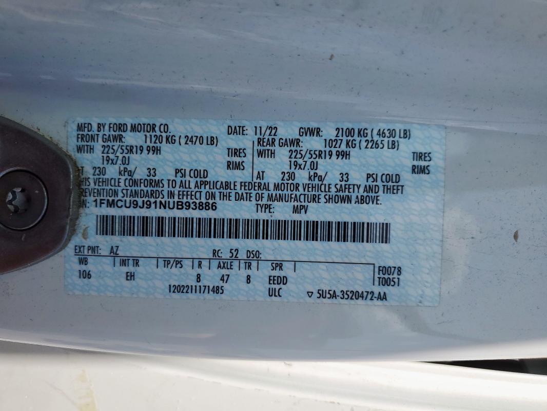 1FMCU9J91NUB93886 - 2022 FORD ESCAPE TITANIUM თეთრი ფოტო 14