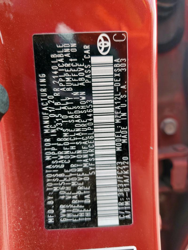 5YFS4RCE6LP044653 - 2020 TOYOTA COROLLA SE RED photo 13