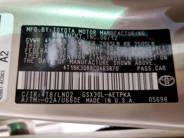 4T1BK3DB8CU463870 - 2012 TOYOTA AVALON BASE 奶油色 照片 12