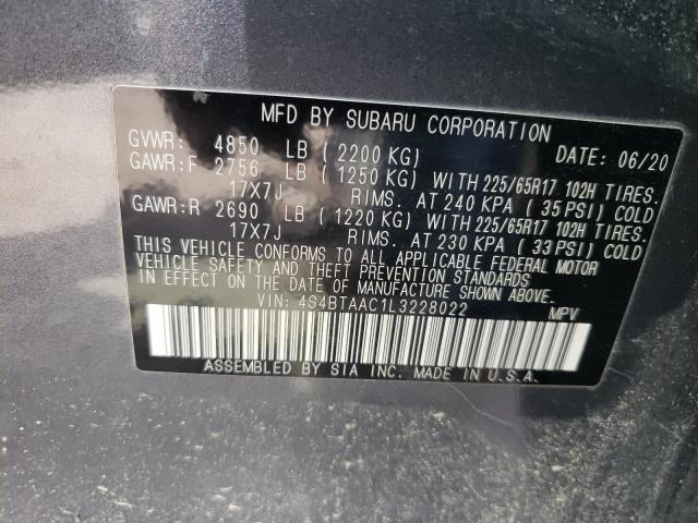 4S4BTAAC1L3228022 - 2020 SUBARU OUTBACK GRAY photo 12