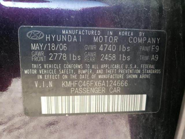 KMHFC46FX6A124666 - 2006 HYUNDAI AZERA SE BLACK photo 12