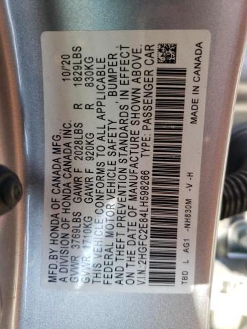 2HGFC2E84LH598266 - 2020 HONDA CIVIC SPORT 银色 照片 12