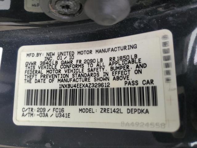 1NXBU4EEXAZ329612 - 2010 TOYOTA COROLLA BASE BLACK photo 12