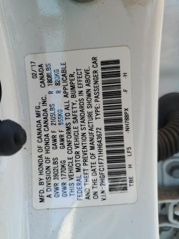 2HGFC1F71HH643672 - 2017 HONDA CIVIC EXL 白色 照片 12