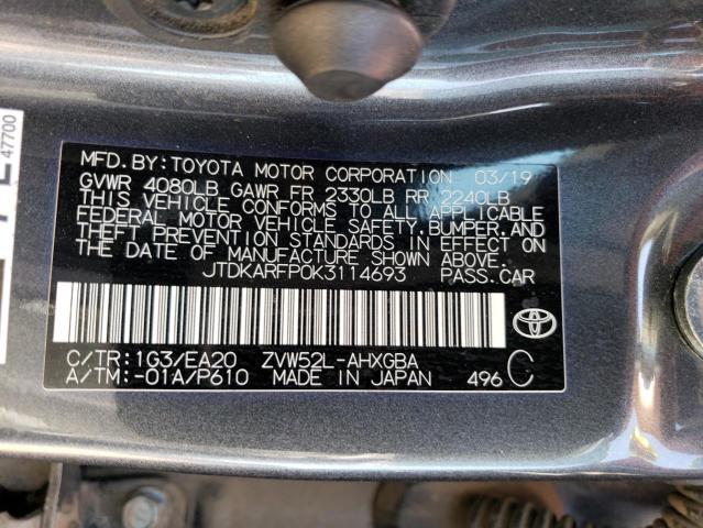 JTDKARFP0K3114693 - 2019 TOYOTA PRIUS PRIM 灰色 照片 12