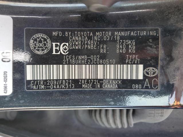 2T1BURHE2JC080510 - 2018 TOYOTA COROLLA L შავი ფოტო 12