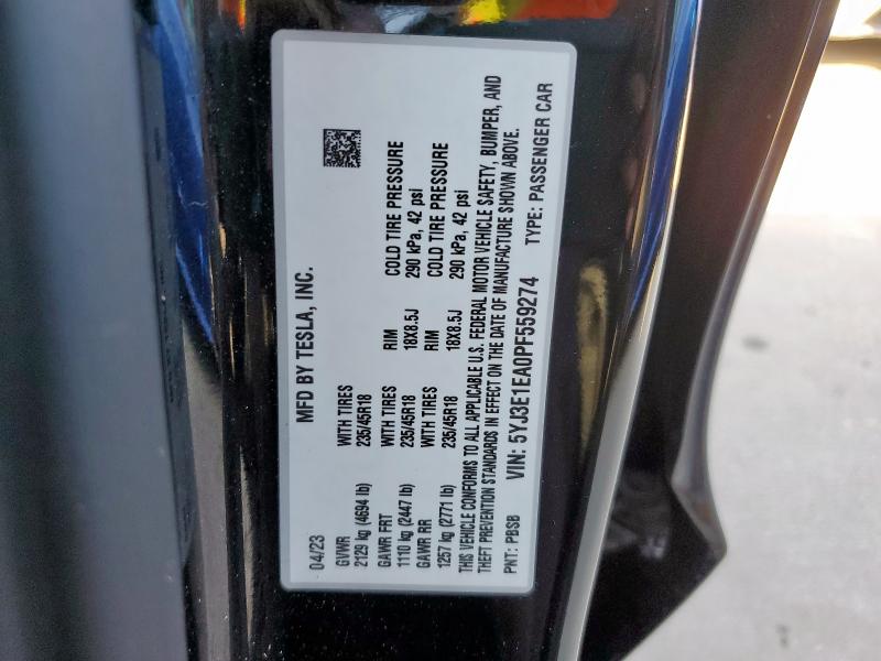 5YJ3E1EA0PF559274 - 2023 TESLA MODEL 3 أسود صورة 12