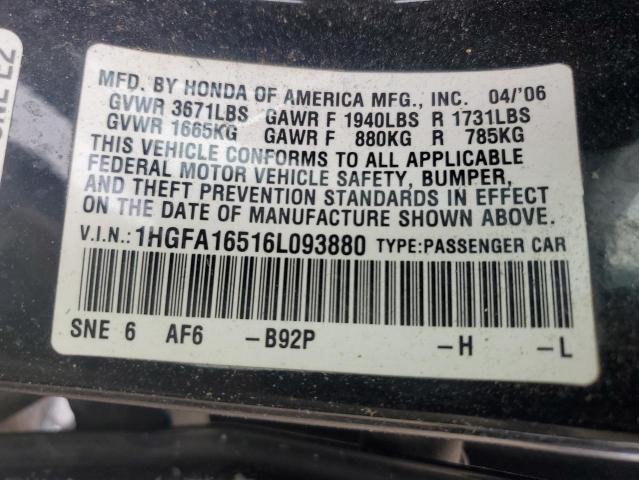 1HGFA16516L093880 - 2006 HONDA CIVIC LX 黑色 照片 13
