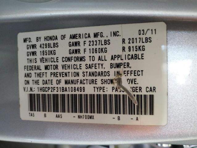 1HGCP2F31BA108499 - 2011 HONDA ACCORD LX 银色 照片 12