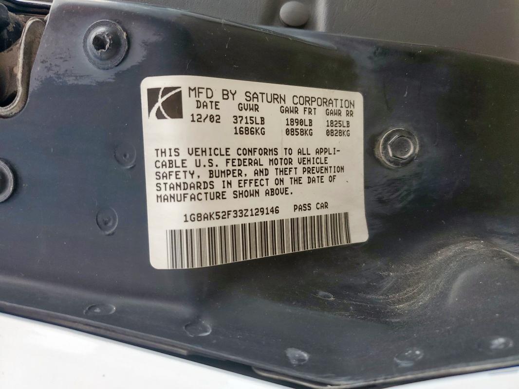 1G8AK52F33Z129146 - 2003 SATURN ION LEVEL 3 WHITE photo 12