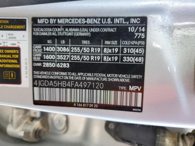4JGDA5HB4FA497120 - 2015 MERCEDES-BENZ ML 350 4MATIC SILVER photo 13