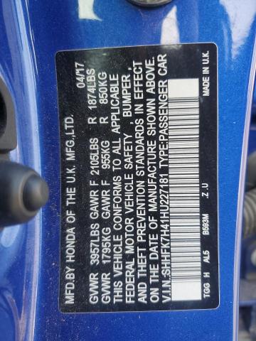 SHHFK7H41HU227181 - 2017 HONDA CIVIC SPORT BLUE photo 12