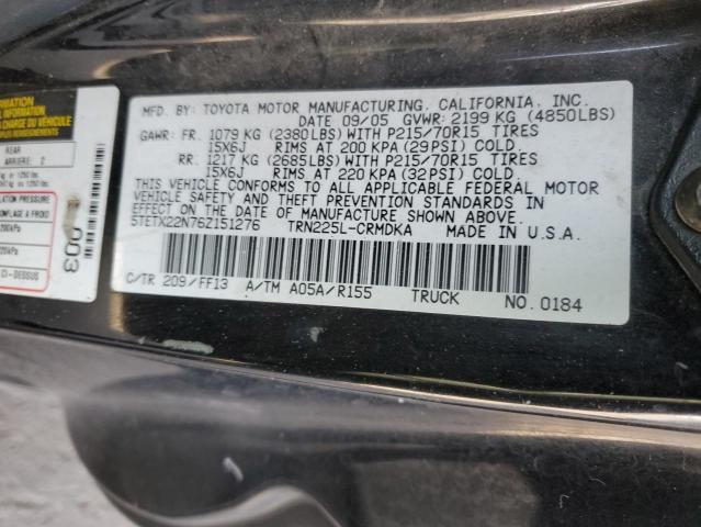 5TETX22N76Z151276 - 2006 TOYOTA TACOMA ACCESS CAB შავი ფოტო 12