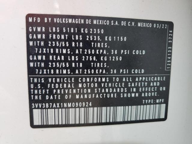 3VV3B7AX1NM090924 - 2022 VOLKSWAGEN TIGUAN SE WHITE photo 13
