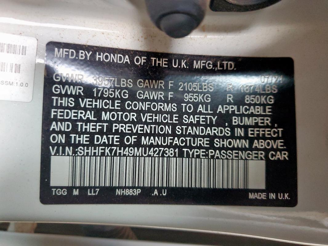 SHHFK7H49MU427381 - 2021 HONDA CIVIC SPORT WHITE photo 12