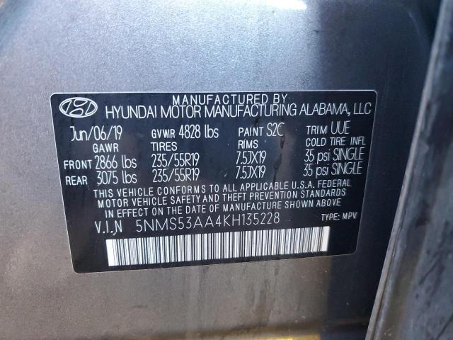 5NMS53AA4KH135228 - 2019 HYUNDAI SANTA FE LIMITED GRAY photo 14