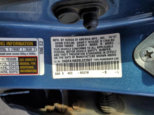 1HGFA16828L022927 - 2008 HONDA CIVIC EX BLUE photo 12