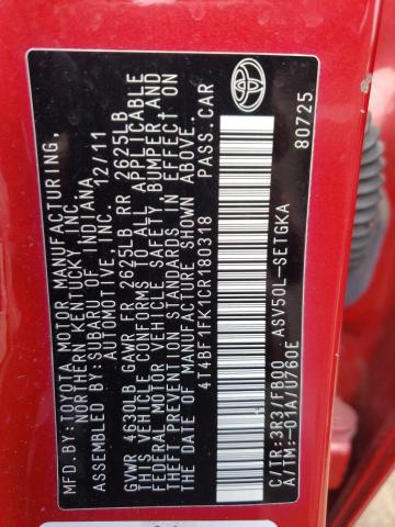 4T4BF1FK1CR180318 - 2012 TOYOTA CAMRY BASE RED photo 12