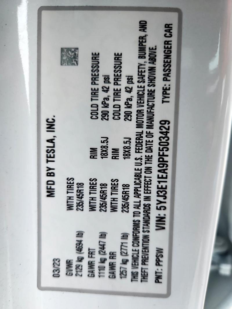 5YJ3E1EA9PF503429 - 2023 TESLA MODEL 3 أبيض صورة 13