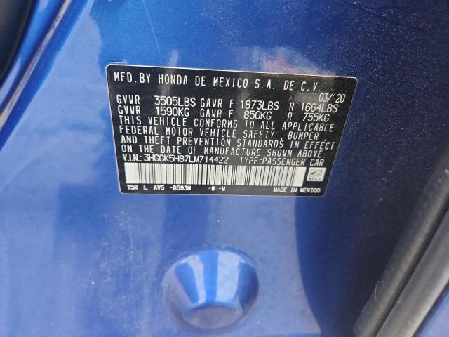 3HGGK5H87LM714422 - 2020 HONDA FIT EX BLUE photo 12