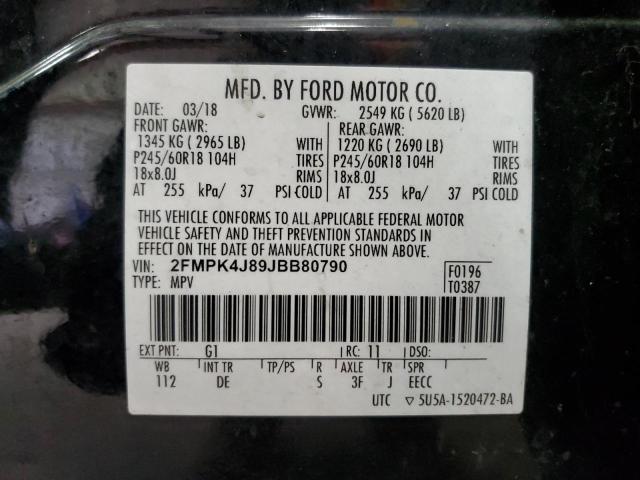 2FMPK4J89JBB80790 - 2018 FORD EDGE SEL BLACK photo 13