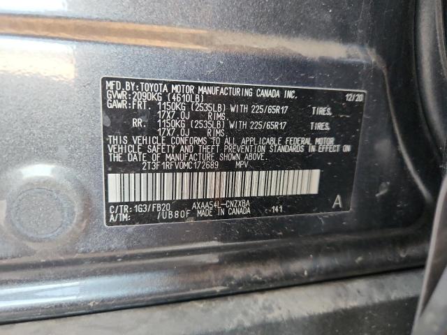 2T3F1RFV0MC172689 - 2021 TOYOTA RAV4 LE ნაცრისფერი ფოტო 12