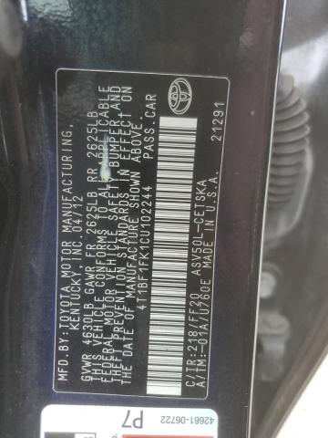4T1BF1FK1CU102244 - 2012 TOYOTA CAMRY BASE BLACK photo 12