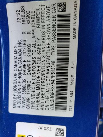 2HGFE2F54PH513348 - 2023 HONDA CIVIC SPORT 蓝色 照片 12